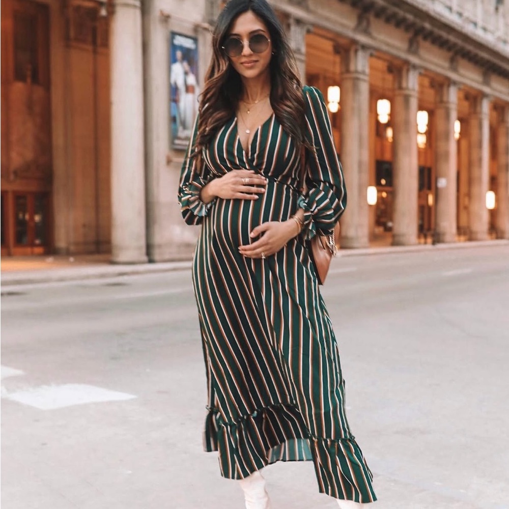 Green Striped Long Sleeve Dress